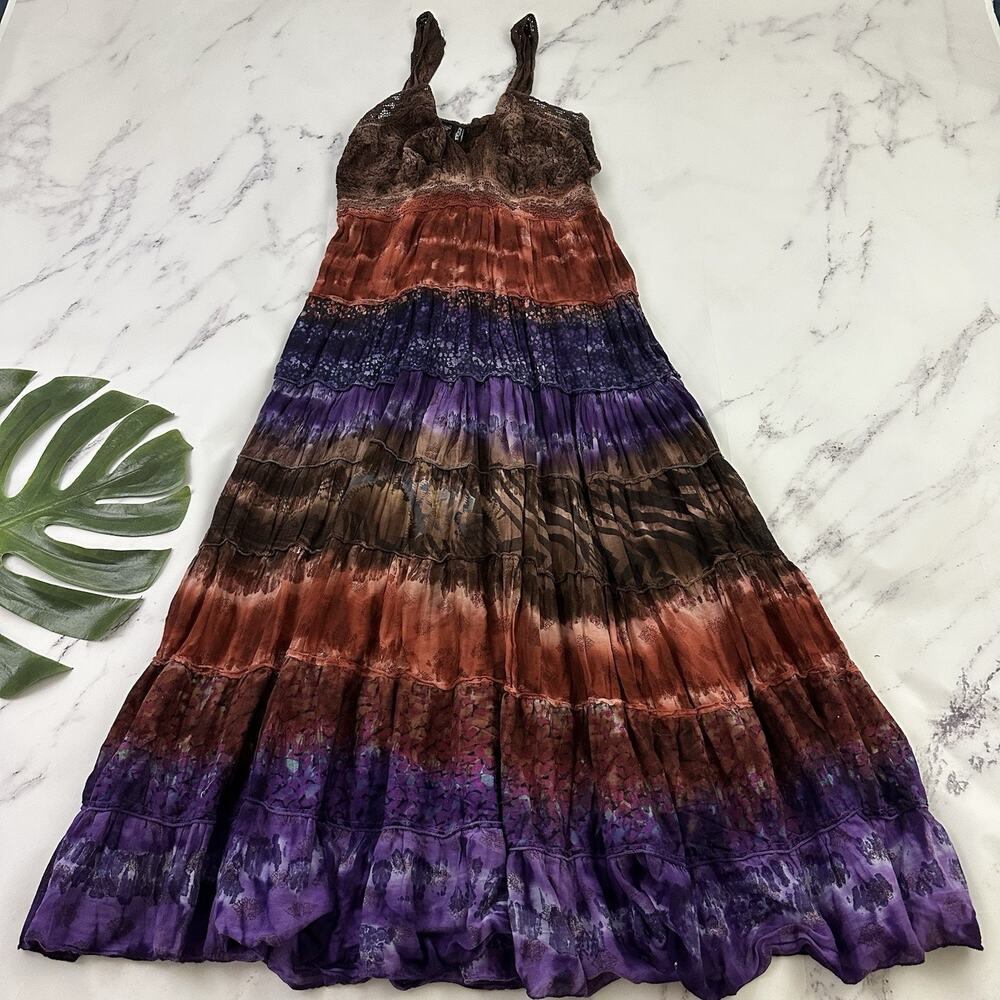 Kaaku Womens Vintage 90s Boho Festival Midi Dress Size M Purple Brown Tie Dye